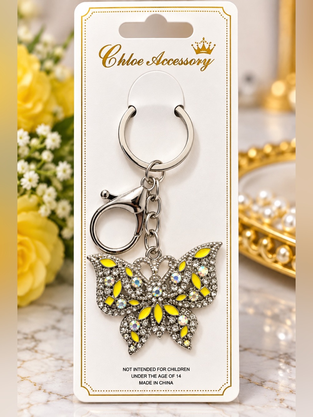 Chloe Accessory NWT Silver Blue Rhinestone Butterfly Keychain Bag Charm